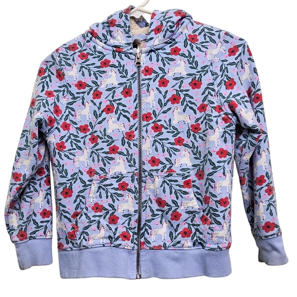Hanna Andersson Hoodie Girls 6-7 Blue Unicorn Floral Sherpa Lined Zip Sweatshirt
